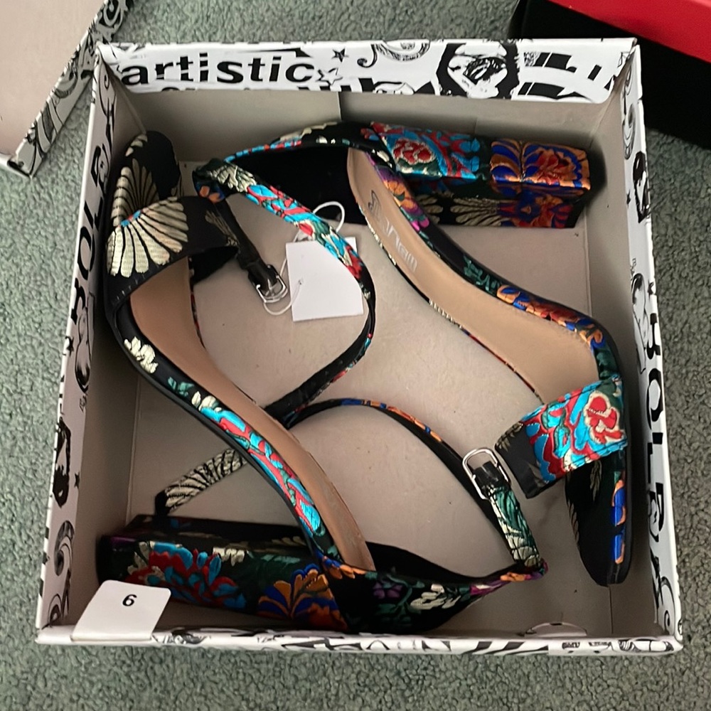 Multi color block sandal heels